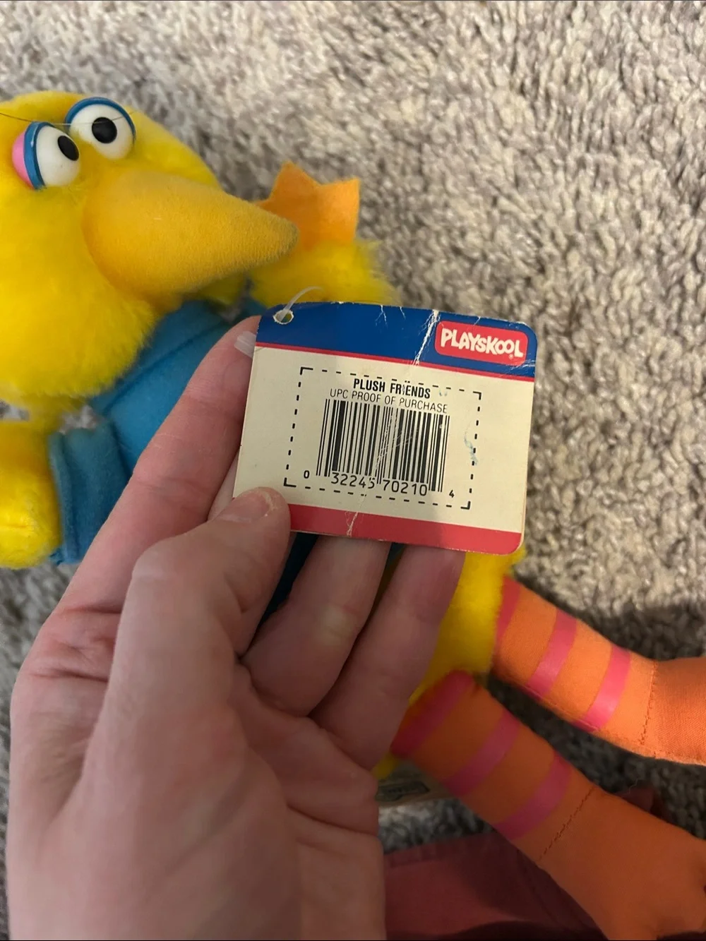 Vintage Big Bird Yellow Plush Toy with Blue Shirt